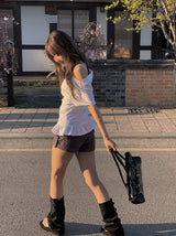リビー フリル シャーリング オフショルダー ショートスリーブ Tシャツ