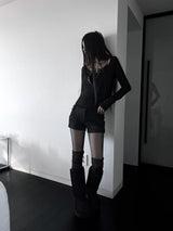 ロックシック黒ボタン長袖Tシャツ