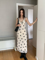Beige Black Flower Long Dress