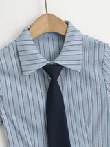 Striped Short-Sleeve Shirt with Tie