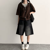 Demo two-way short-sleeved hooded zip-up