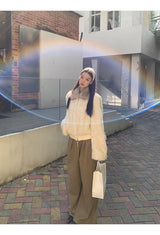 cream soft fur zip-up collar jacket
