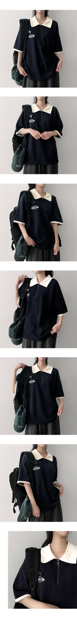 Light Half Zip-Up Coloring Collar Short Sleeve T-shirt