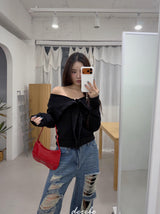 Black Off-Shoulder Cover Long Sleeve T-Shirt