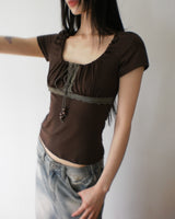 Kuro Vintage Shirring Lace Short-Sleeved T-Shirt