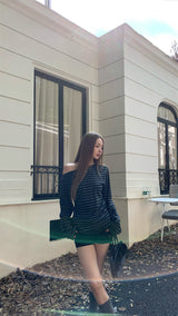 Unbalanced Off-Shoulder Stripe Long Sleeve T-Shirt