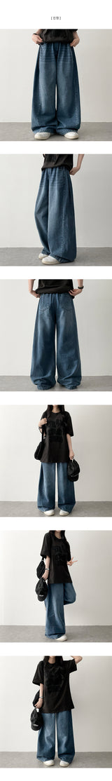 Rize waistbanding side pin tuck incision denim washed wide pants