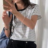 メスリットラウンドネックストリッピードベーシックフィットショーツスリーブTシャツ3カラーズ