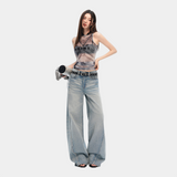 Low-Rise Cat-Whisker Wash Wide-Leg Denim Pants