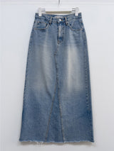 Deep Slit Cotton Long Denim Skirt (Light Wash)