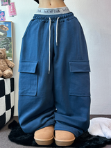 フリースピカブルー❤ベーシックワイドカーゴバルーンロングパンツ💚💙🖤🩶🤍5カラー