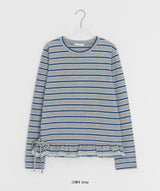 クニンフリルストライプリボン長袖Tシャツ