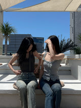 High waist light & deep blue washed bootcut long denim pants (2 colors)