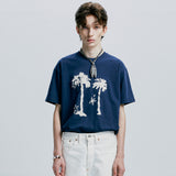 パームツリー＆アイレットチェーンニードルワークTシャツ　ネイビー
