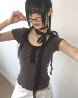 Serin レースボタン半袖Tシャツ