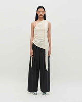 Stripe Ribbon Tied Wide Pants _ GREY