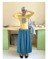 UnsocialNight2025 Autumn New Original Blue Plaid Stitching Casual Flower Flower Skirt Women