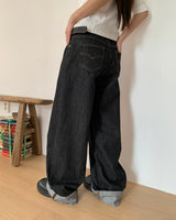 Mije Non-Fade ロールアップポケットワイドデニムロングパンツ