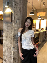 アンバランシードオフショルダードットスカーフショートスリーブTシャツ