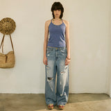Destroyed Denim Pants Washed Blue