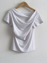 ロミー スリムフィット ドレープ シャーリング ワンショルダー 半袖Tシャツブラウス 4カラー