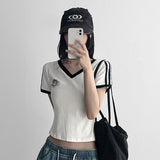 95 Vネック ユニフォーム ストライプ クロップド ショートスリーブ (4 colors)