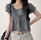 Checkered Ruffle Square Button Short Sleeve Blouse