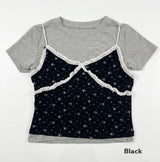 Cute Small Floral Lace Bustier Short Sleeve Set