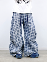 RELABEL (Gemeng) Flower Bud Balloon Check Print Draped Loose-Fit Crinkled Gradient Washed Denim Trousers