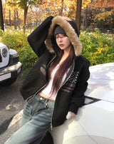 America Dirty Printing Brushed Fur Hood Zip-Up