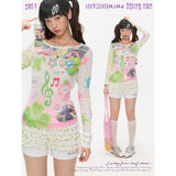BETWEENAND Summer Millennium Lucky Note Print Slim-Fit Lightweight Semi-Sheer Patchwork Long-Sleeve Top