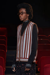 STRIPE ZIP KNIT VEST / BROWN
