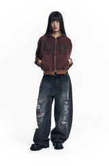 Washed Leather Patch Hooded Zip-Up - Brown