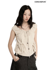 CONFUN sleeveless drawstring beaded linen design short pullover hoodie