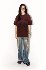 Water-washed pure cotton rust red retro casual loose short-sleeved T-shirt for summer