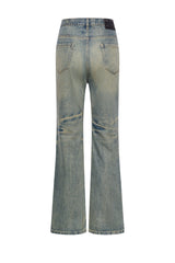 Distressed Washed Whisker Flared Jeans