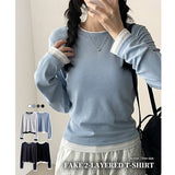 シア カラー マッチング レイヤード スリム ロングスリーブ Tシャツ