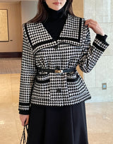 Marron Sailor Collar Hound Check Knit Jacket Cardigan