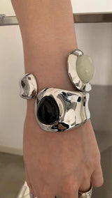 Gemstone open silver bangle(2color)