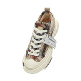 Beige Multicolor Frayed Textile Chunky Sneakers, Unisex Low Top Lace Up Shoes