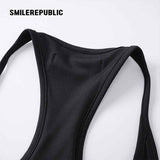 Black Polyester Spandex Racerback Thong Bodysuit, Sleeveless Logo Fitted One Piece Top for Women