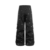 Black 100% Nylon Allover Butterfly Print Wide-Leg Parachute Pants with Drawstring Waist for Women