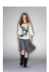 2025 Spring/Summer New Printed Mint Green Swing Neck Loose Top