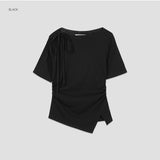 (T-7049)アシンメトリーネックストリングTシャツ