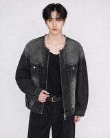 (UNISEX) No-Collar Over Denim Jacket