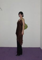 レースサテンアンバランススリップミニドレス(BROWN)