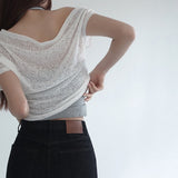 [Jace] Flower Lace See-Through One Shoulder Cropped Short-Sleeved T-Shirt - 3 colors