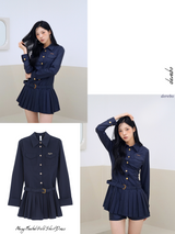 Navy Pleats Gold Shirt Wedding Guest Dress