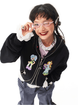 sillysis 黒のかわいい女の子イラスト、両頭金属ジッパー構造感スウェットパーカー