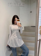 Trendy lace frill long-sleeved shirring T-shirt